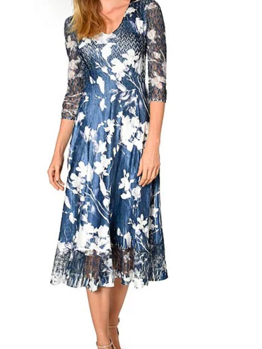Komarov Navy Blue and White Floral Lace Midi Dress